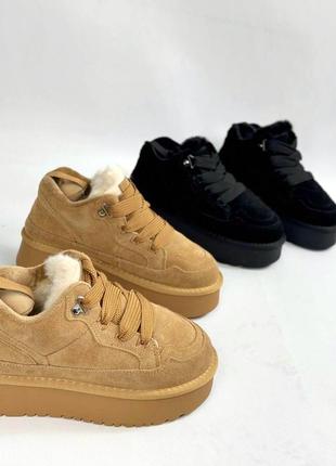 Угги замша рыжие и черные на платформе
