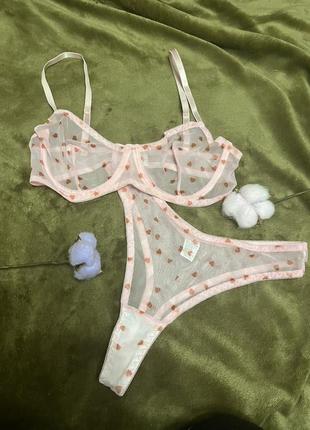 Женский розовий комплект нижнего белья с сердечками/ женское нижнее белье сеточка/сексуальный комплект с серде