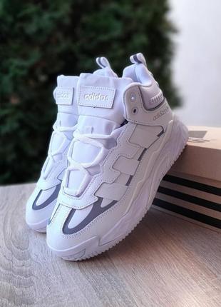 Зимние женские кроссовки adidas niteball white grey winter fur адидас найтбол белого с серым цветами мех