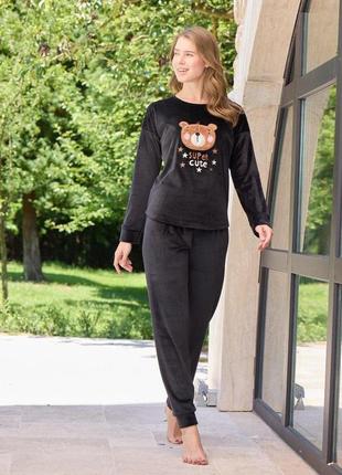 Домашня жіноча піжама-костюм з велюру ведмедик тедді, чорна