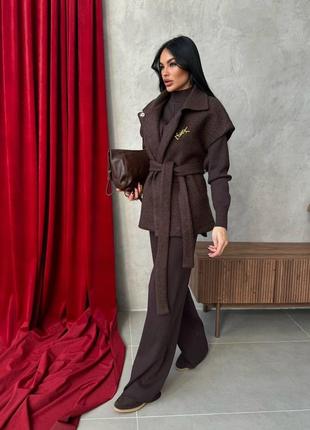 Костюм 3ка в стиле ysl шоколад жилетка костюм коричневый