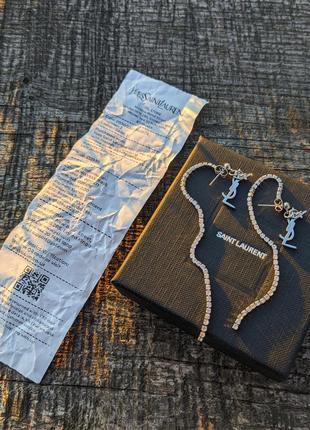 Оригінал! срібні сережки yves saint laurent з фіанітами, 925 проби, ysl, повний комплект