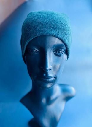 Шапка ангора кругла біні з підворотом 3 в 1 зелена