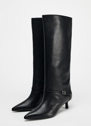 Сапоги женские кожаные черные с пряжкой zara new