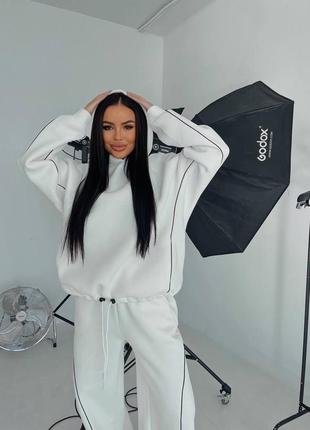 ‼️не кошлатиться‼️теплый свободный костюм трехнитка на флисе с капюшоном, еночий спортивный костюм на осень зима с лампасами, костюм оверсайз, 2084 фото