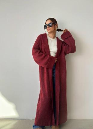 Женский качественный теплый бордовый кашемировый длинный кардиган шерсть кашемир бургунди