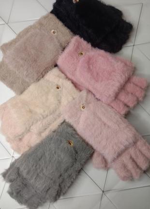 Зимові рукавички, перчатки без пальців, мітенки, плюшеві рукавички пухнасті