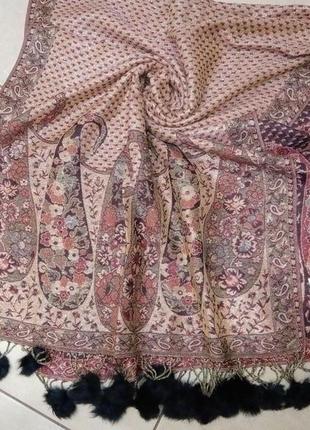Палантин, шаль, накидка, шарф pashmina помпончики з хутра кролика