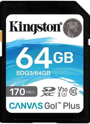 Sdxc (uhs-1 u3) kingston canvas go plus 64gb class 10 v30 (r170mb/s, w70mb/s)