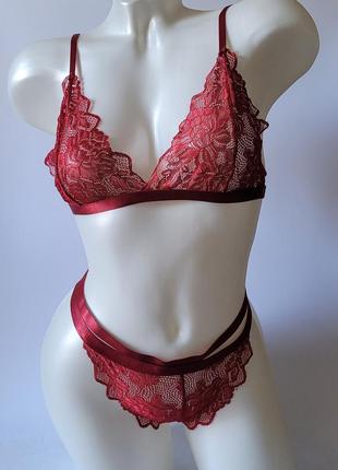 Гарячий мереживний комплект бургунді  m-xl
