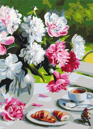 Преміум картина за номерами brushme 40x50см "сніданок з піонами" pbs29388