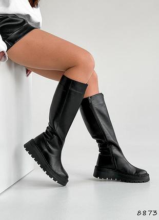 Женские кожаные черные сапоги на платформе танкетке зимние сапоги теплые на меху натуральная