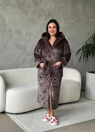 Жіночий затишний домашній махровий коричневий шоколад халат з кишенями та капюшоном батал великі розміри