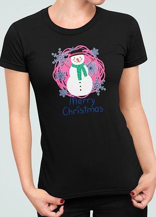 Женская новогодняя футболка с принтом merry christmas снеговик