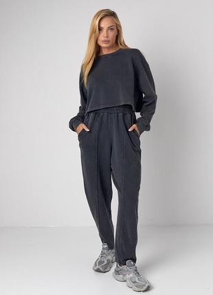 Спортивний костюм з oversize світшотом та штанами-бананами - темно-сірий цвет, s (є розміри)