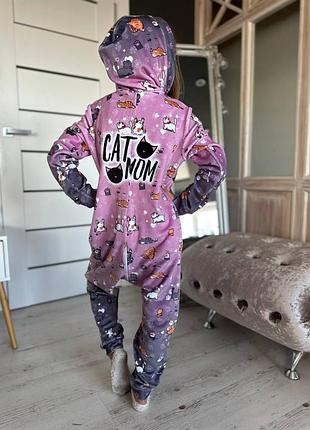 Кігурумі з принтом "cat mom” для підлітків  велюр на хутрі розмір 146-152