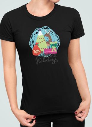Женская новогодняя футболка с принтом happy holidays ёлка подарки