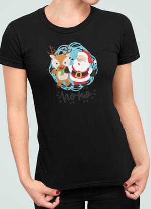 Женская новогодняя футболка с принтом ho ho cанта и олень