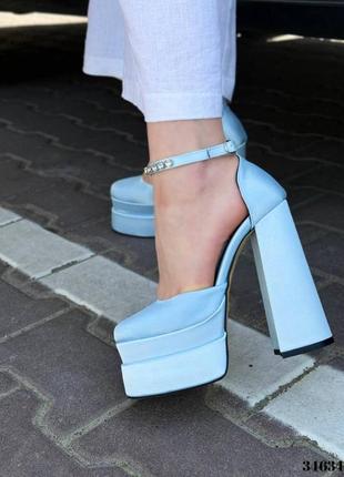 Шикарные атласные туфли на высоком каблуке, голубые - арт. 34634