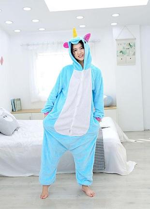 Зимова піжама кігурумі єдиноріг блакитний для дорослих