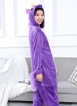 Теплая пижама костюм-кигуруми единорог фиолетовый для детей и взрослых