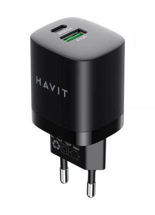 Зарядний пристрій havit hv-uc30 gan 30w usb+usb-c black