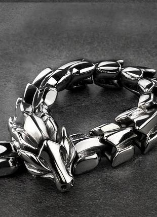 Стальной мужской браслет в виде дракона 🛍di-live🛍. тяжелый браслет дракон. браслет под серебро дракон 19