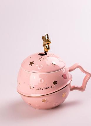 Чашка керамическая space walk 500мл с крышкой и ложкой розовый