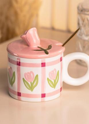 Чашка керамічна з ложкою і кришкою 300 мл