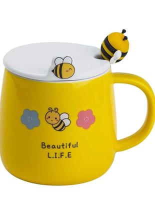 Чашка с крышкой и ложкой 450 мл керамическая "пчелка" желтая с цветком