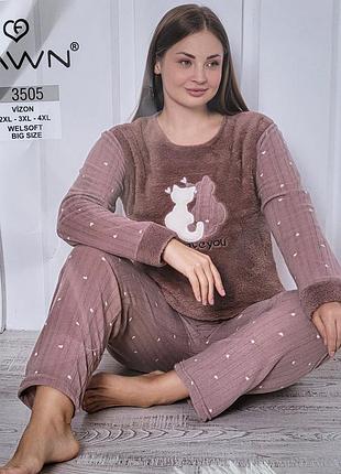 Тепла піжама жіноча  батал фліс з махрою. піжама великого розміру туреччина