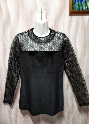 Праздничная,велюровая кофта с кружевными рукавами 44-46 р-up fashion