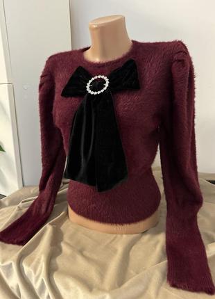 Бордовый свитер zara с бантом