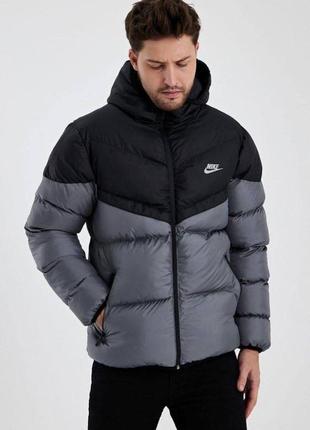 Зимняя мужская куртка пуховик тепла серая с черный nike storm fit