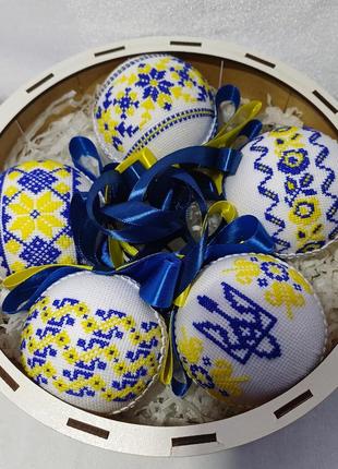 Вышитые новогодние игрушки, яичные украшения.