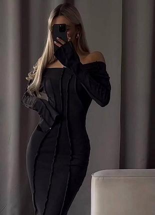 Платье миди черное с акцентными швами, приталенное платье, трендовое платье717