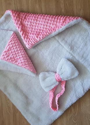 Конверт одеялко плед на выписку з бантом на резинке в роддом, на овчинке, зимний плюш+овчина новый, в коляску на зиму