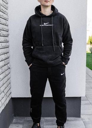 Зимний мужской черный флисовый спортивный плюшевый костюм nike