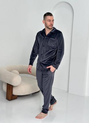 Мужская велюровая пижама плюш серая графит рубашка + штаны костюм для дома