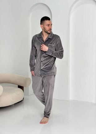 Мужская велюровая пижама костюм для дома серый рубашка + штаны плюш