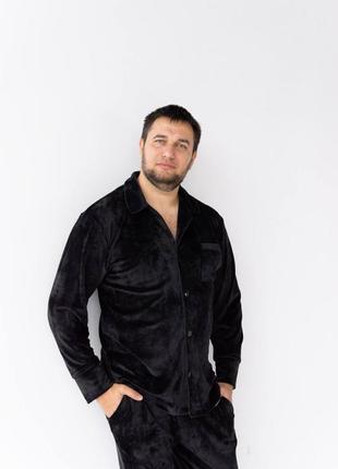 Мужская черная велюровая пижама рубашка + штаны плюш костюм для дома