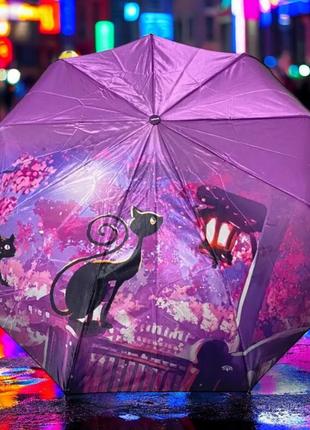 Зонт женский frei regen black cat purple полуавтомат на 9 спиц