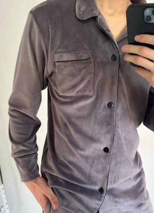 Мужская велюровая теплая пижама рубашка + штаны плюш капучино костюм для дома