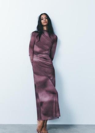 Драпированное тюлевое платье бордо zara new