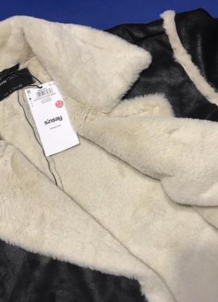 Нова жіноча еко дублянка чорна довга еко хутро пальто дублянка чорного кольору з білим...