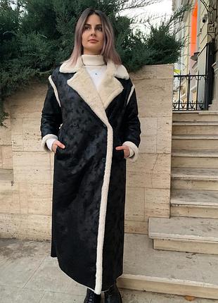 Нова жіноча еко дублянка чорна довга еко хутро пальто дублянка чорного кольору з білим...