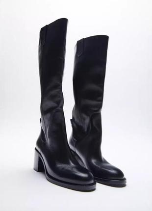 Кожаные сапоги трубы zara члрные сапоги на блочных каблуках кожаные сапоги на средних каблуках широкие сапоги классические
