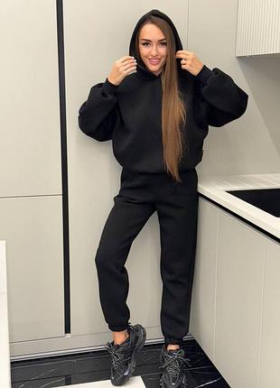 Костюм спортивний жіночий чорний однотонний теплий на флісі оверсайз худі з капішоном штани джогери на високій посадці якісний