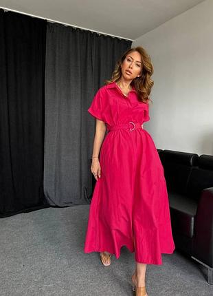 Плате - рубашка халат миди женское коттон расклешенное приталенное с поясом на пуговицах с карманами батал малина черный зелёный бежевый