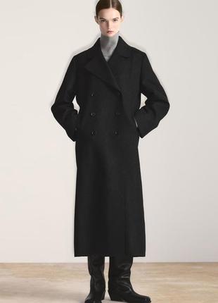Пальто шерстяное шерсть h&m темно синего цвета